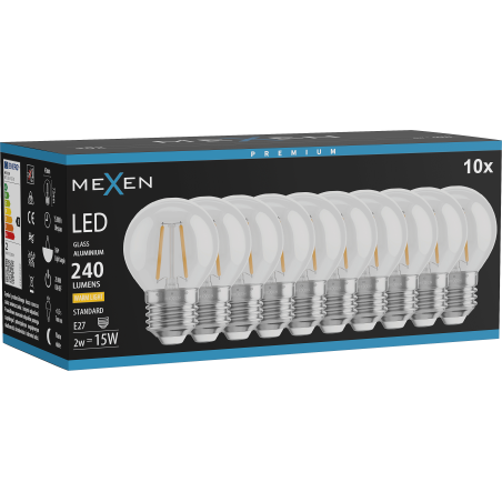 Mexen Vintis 10x LED žiarovka filament E27, G45, 2W, Teplá - 2700K, 240 lm, číra - L156-E27-0227-00x10