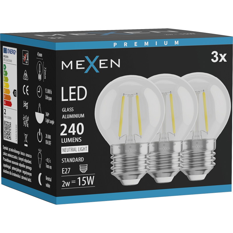Mexen Vintis 3x žiarovka filament LED E27, G45, 2W, Neutrálna - 4000K, 240 lm, číra - L156-E27-0227-00x03