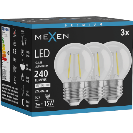 Mexen Vintis 3x žiarovka filament LED E27, G45, 2W, Neutrálna - 4000K, 240 lm, číra - L156-E27-0227-00x03