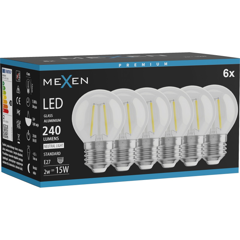 Mexen Vintis 6x LED žiarovka filament E27, G45, 2W, neutrálna - 4000K, 240 lm, číra - L156-E27-0227-00x06