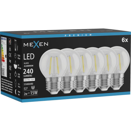 Mexen Vintis 6x LED žiarovka filament E27, G45, 2W, neutrálna - 4000K, 240 lm, číra - L156-E27-0227-00x06
