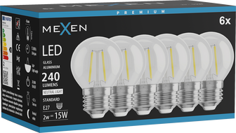 Mexen Vintis 6x LED žiarovka filament E27, G45, 2W, neutrálna - 4000K, 240 lm, číra - L156-E27-0227-00x06