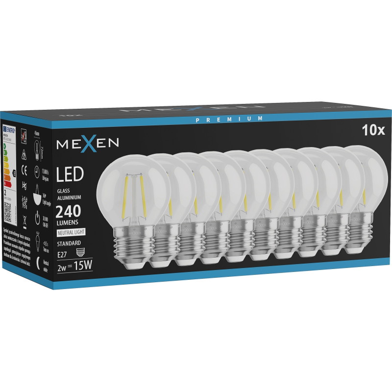 Mexen Vintis 10x Žiarovka filament LED E27, G45, 2W, Neutrálna - 4000K, 240 lm, číra - L156-E27-0227-00x10