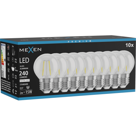 Mexen Vintis 10x Žiarovka filament LED E27, G45, 2W, Neutrálna - 4000K, 240 lm, číra - L156-E27-0227-00x10