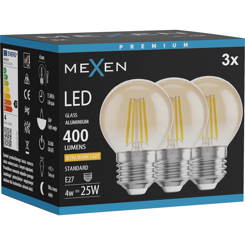 Mexen Vintis 3x Žiarovka filament LED E27, G45, 4W, Teplá - 2200K, 400 lm, amber - L156-E27-0422-50x03