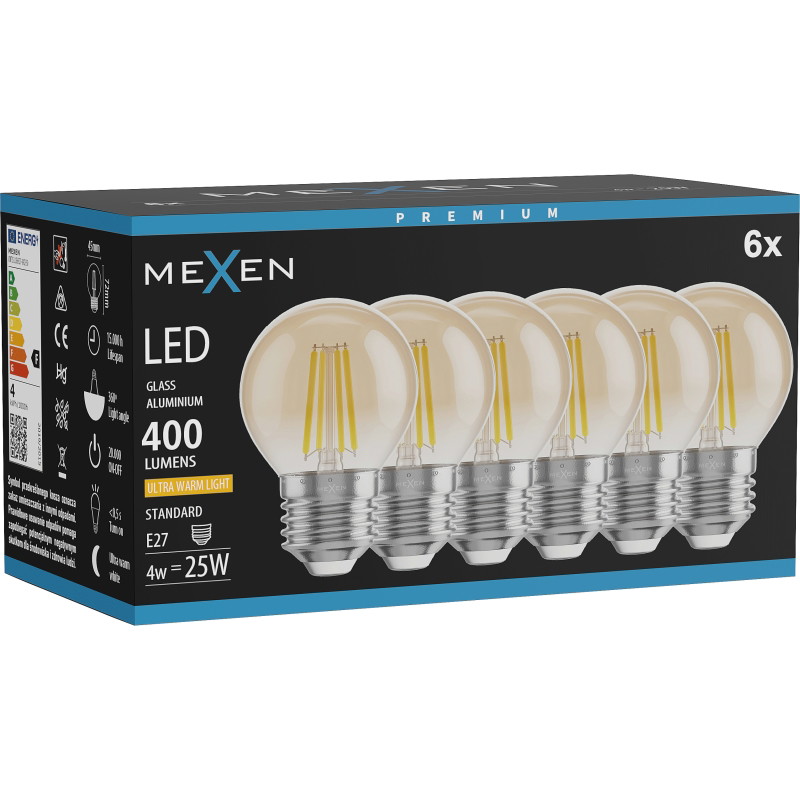 Mexen Vintis 6x LED filamentová žiarovka E27, G45, 4W, Teplá - 2200K, 400 lm, jantárová - L156-E27-0422-50x06
