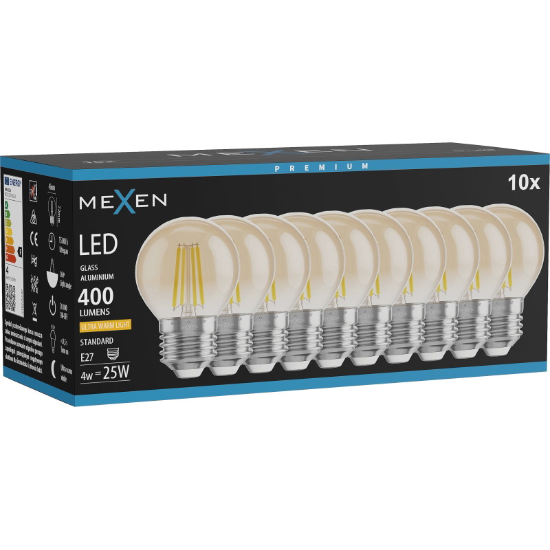 Mexen Vintis 10x LED filamentová žiarovka E27, G45, 4W, Teplá - 2200K, 400 lm, jantárová - L156-E27-0422-50x10