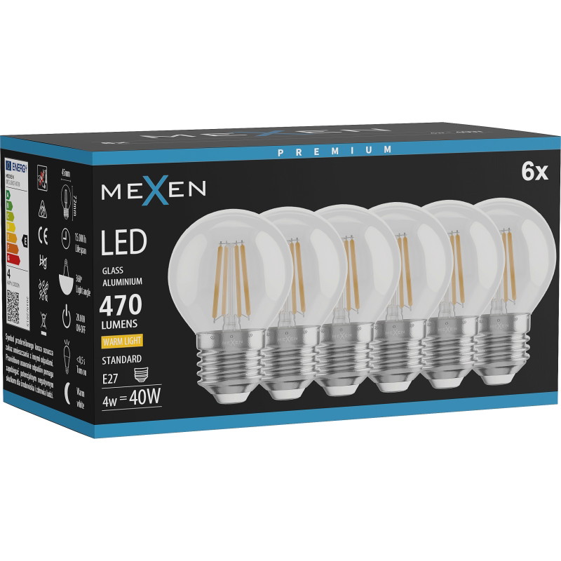 Mexen Vintis 6x Žiarovka filament LED E27, G45, 4W, Teplá - 2700K, 470 lm, číra - L156-E27-0427-00x06