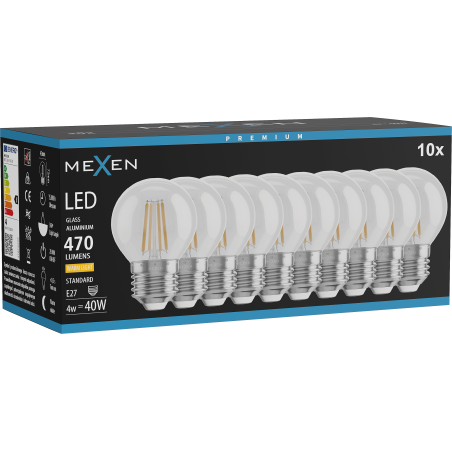 Mexen Vintis 10x LED filament žiarovka E27, G45, 4W, Teplá - 2700K, 470 lm, číra - L156-E27-0427-00x10