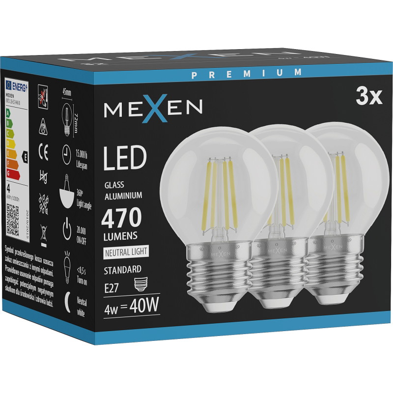 Mexen Vintis 3x LED žiarovka filament E27, G45, 4W, Neutrálna - 4000K, 470 lm, číra - L156-E27-0427-00x03