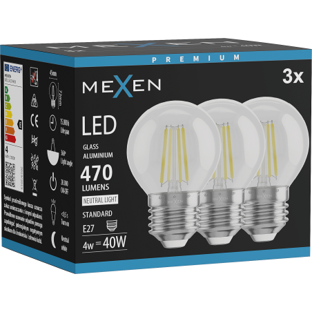 Mexen Vintis 3x LED žiarovka filament E27, G45, 4W, Neutrálna - 4000K, 470 lm, číra - L156-E27-0427-00x03