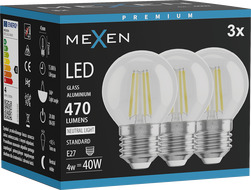 Mexen Vintis 3x LED žiarovka filament E27, G45, 4W, Neutrálna - 4000K, 470 lm, číra - L156-E27-0427-00x03