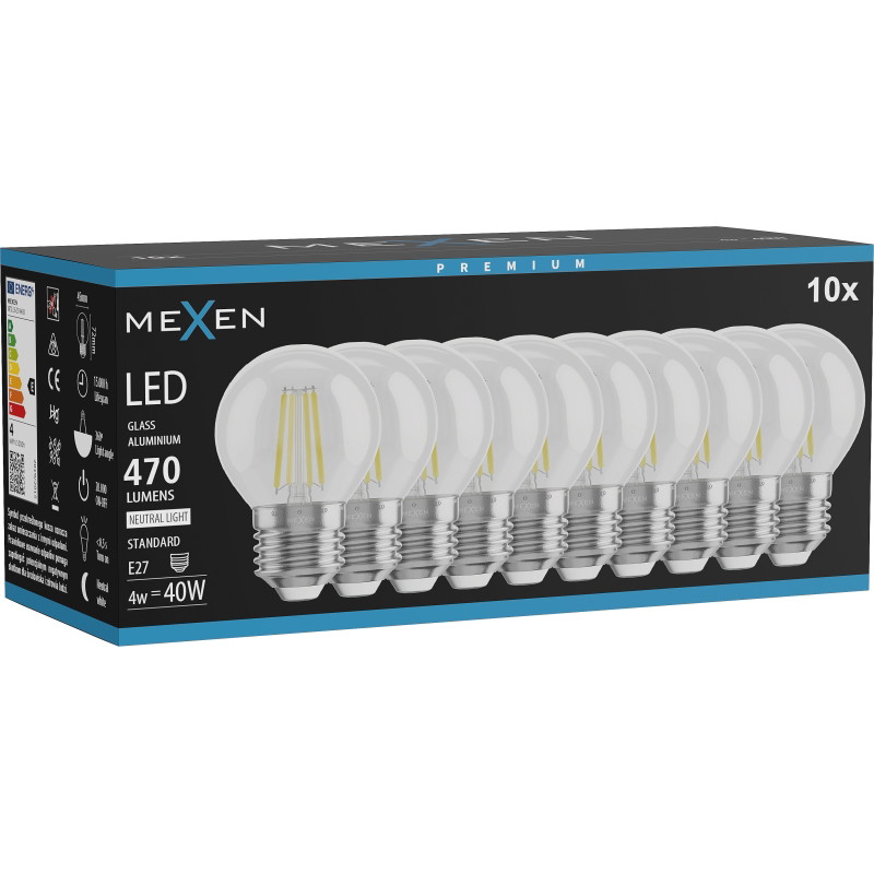 Mexen Vintis 10x Žiarovka filament LED E27, G45, 4W, Neutrálna - 4000K, 470 lm, číra - L156-E27-0427-00x10