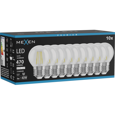 Mexen Vintis 10x Žiarovka filament LED E27, G45, 4W, Neutrálna - 4000K, 470 lm, číra - L156-E27-0427-00x10