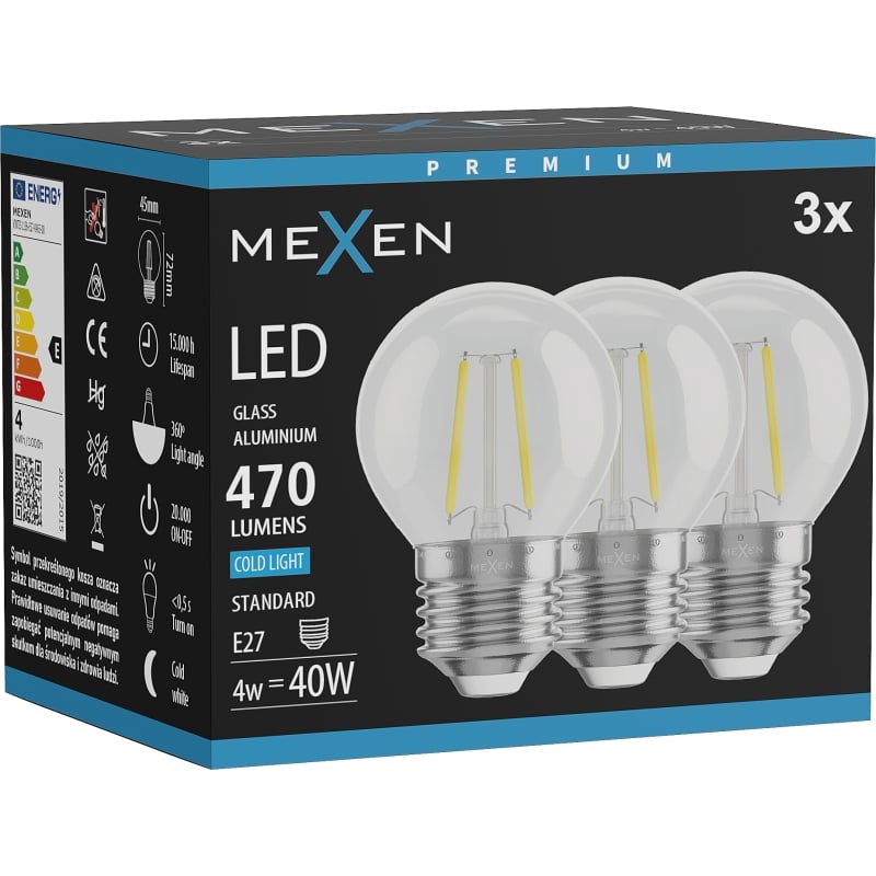 Mexen Vintis 3x Žiarovka filament LED E27, G45, 4W, Studená - 6500K, 470 lm, číra - L156-E27-0465-00x03