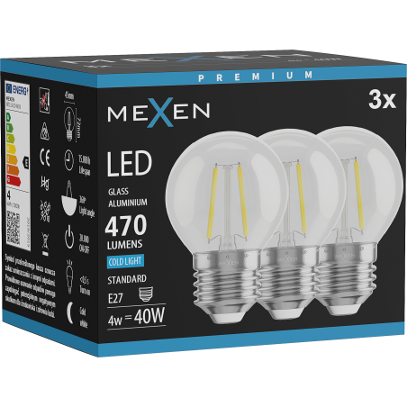 Mexen Vintis 3x Žiarovka filament LED E27, G45, 4W, Studená - 6500K, 470 lm, číra - L156-E27-0465-00x03