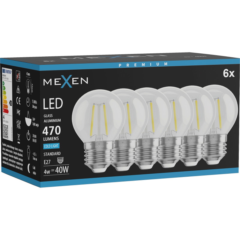 Mexen Vintis 6x LED žiarovka filament E27, G45, 4W, Studená - 6500K, 470 lm, číra - L156-E27-0465-00x06