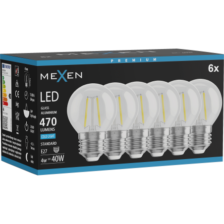Mexen Vintis 6x LED žiarovka filament E27, G45, 4W, Studená - 6500K, 470 lm, číra - L156-E27-0465-00x06