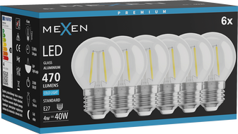 Mexen Vintis 6x LED žiarovka filament E27, G45, 4W, Studená - 6500K, 470 lm, číra - L156-E27-0465-00x06
