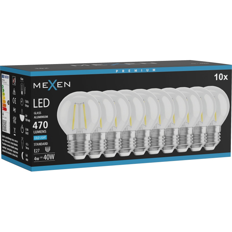 Mexen Vintis 10x žiarovka filament LED E27, G45, 4W, Studená - 6500K, 470 lm, číra - L156-E27-0465-00x10