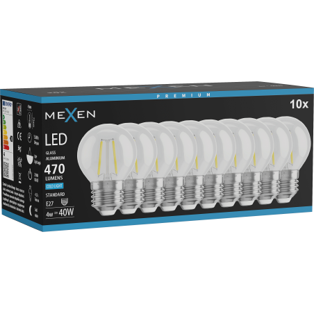 Mexen Vintis 10x žiarovka filament LED E27, G45, 4W, Studená - 6500K, 470 lm, číra - L156-E27-0465-00x10