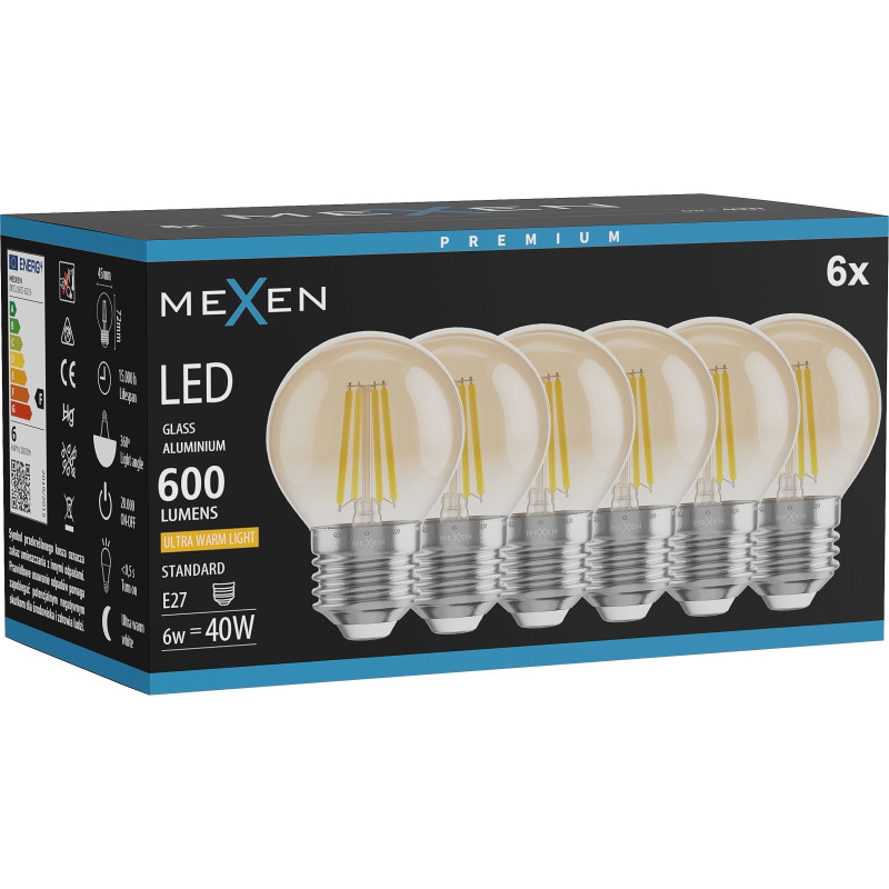 Mexen Vintis 6x LED vlákno žiarovka E27, G45, 6W, Teplá - 2200K, 600 lm, jantárová - L156-E27-0622-50x06