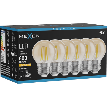 Mexen Vintis 6x LED vlákno žiarovka E27, G45, 6W, Teplá - 2200K, 600 lm, jantárová - L156-E27-0622-50x06