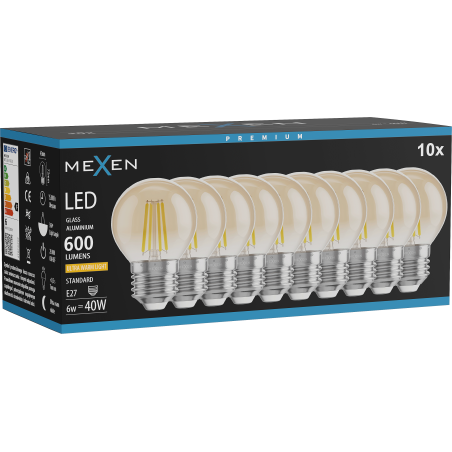Mexen Vintis 10x žiarovka filament LED E27, G45, 6W, Teplá - 2200K, 600 lm, jantárová - L156-E27-0622-50x10