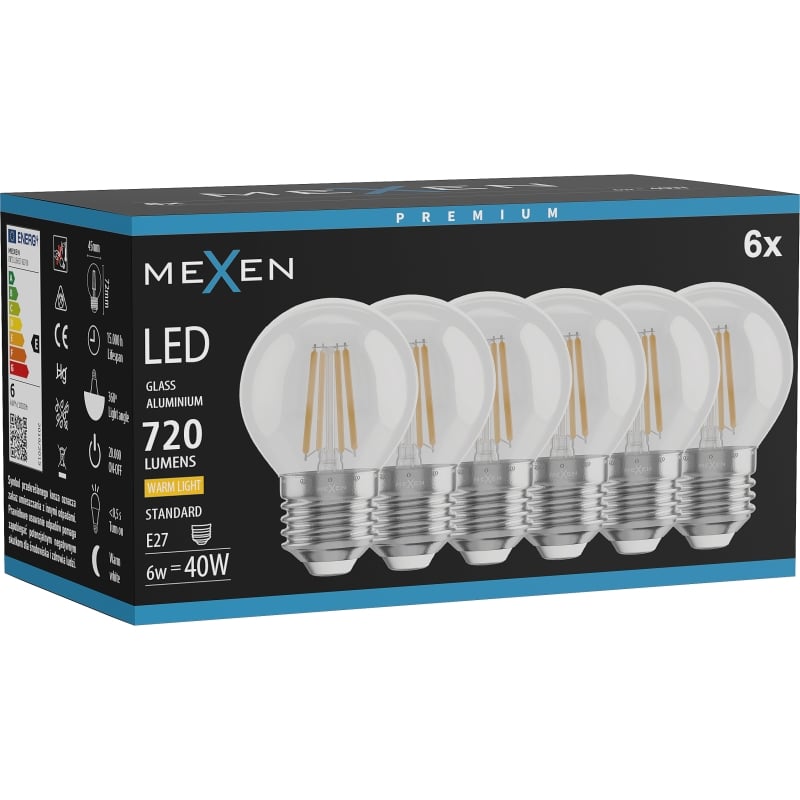 Mexen Vintis 6x Žiarovka filament LED E27, G45, 6W, Teplá - 2700K, 720 lm, číra - L156-E27-0627-00x06
