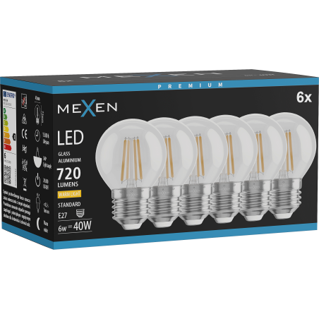Mexen Vintis 6x Žiarovka filament LED E27, G45, 6W, Teplá - 2700K, 720 lm, číra - L156-E27-0627-00x06