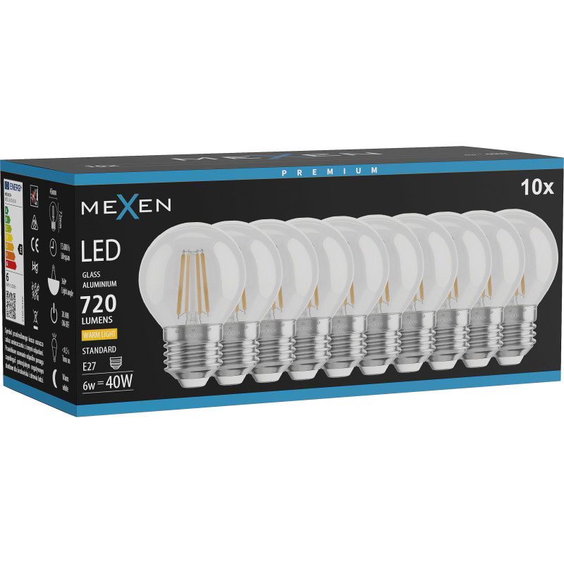 Mexen Vintis 10x LED žiarovka s vláknom E27, G45, 6W, Teplá - 2700K, 720 lm, číra - L156-E27-0627-00x10