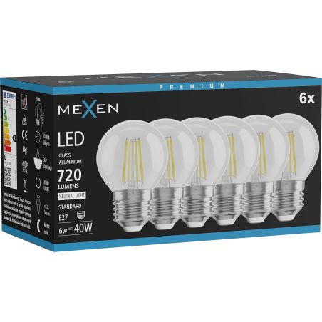 Mexen Vintis 6x Žiarovka filament LED E27, G45, 6W, Neutrálna - 4000K, 720 lm, číra - L156-E27-0627-00x06