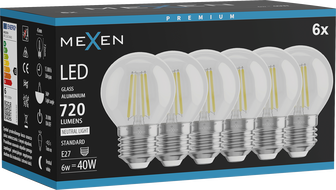 Mexen Vintis 6x Žiarovka filament LED E27, G45, 6W, Neutrálna - 4000K, 720 lm, číra - L156-E27-0627-00x06