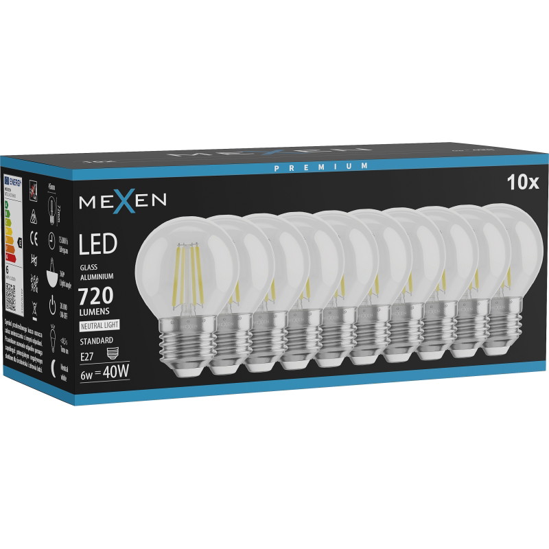 Mexen Vintis 10x žiarovka filament LED E27, G45, 6W, Neutrálna - 4000K, 720 lm, číra - L156-E27-0627-00x10