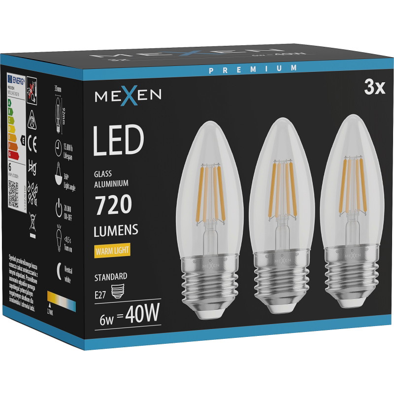 Mexen Vintis 3x LED žiarovka filament E27, C35, 6W, Teplá - 2700K, 720 lm, číra - L154-E27-0627-00x03