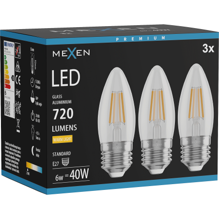 Mexen Vintis 3x LED žiarovka filament E27, C35, 6W, Teplá - 2700K, 720 lm, číra - L154-E27-0627-00x03