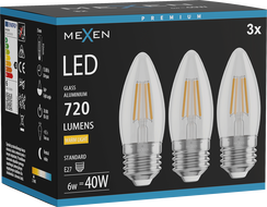 Mexen Vintis 3x LED žiarovka filament E27, C35, 6W, Teplá - 2700K, 720 lm, číra - L154-E27-0627-00x03