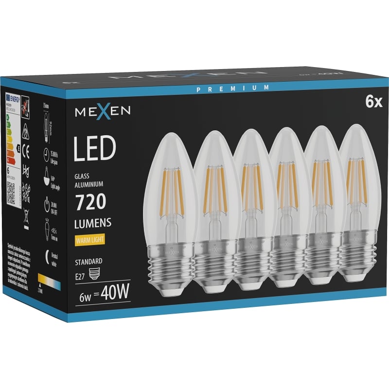 Mexen Vintis 6x LED žiarovka filament E27, C35, 6W, Teplá - 2700K, 720 lm, číra - L154-E27-0627-00x06