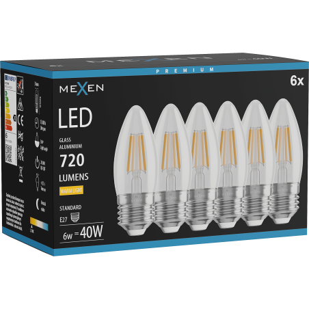 Mexen Vintis 6x LED žiarovka filament E27, C35, 6W, Teplá - 2700K, 720 lm, číra - L154-E27-0627-00x06