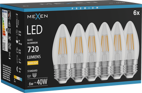 Mexen Vintis 6x LED žiarovka filament E27, C35, 6W, Teplá - 2700K, 720 lm, číra - L154-E27-0627-00x06