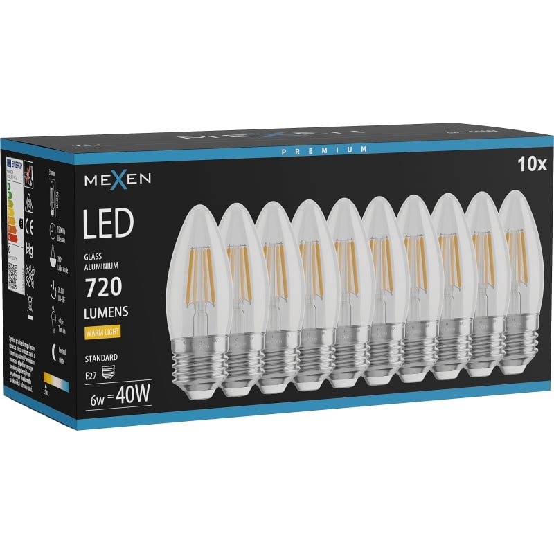 Mexen Vintis 10x LED žiarovka filament E27, C35, 6W, Teplá - 2700K, 720 lm, číra - L154-E27-0627-00x10