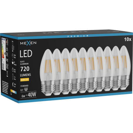 Mexen Vintis 10x LED žiarovka filament E27, C35, 6W, Teplá - 2700K, 720 lm, číra - L154-E27-0627-00x10