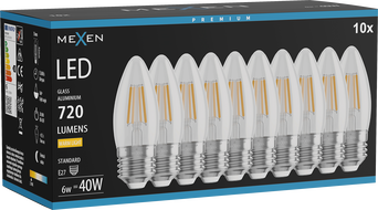 Mexen Vintis 10x LED žiarovka filament E27, C35, 6W, Teplá - 2700K, 720 lm, číra - L154-E27-0627-00x10