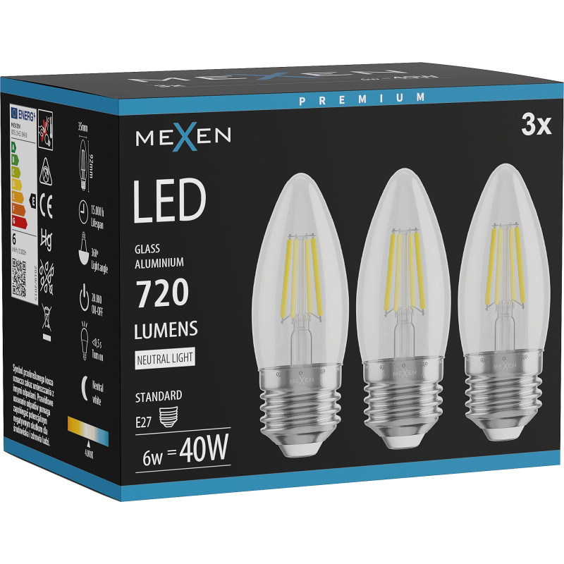 Mexen Vintis 3x LED filament žiarovka E27, C35, 6W, Neutrálna - 4000K, 720 lm, číra - L154-E27-0640-00x03