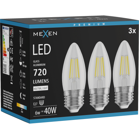 Mexen Vintis 3x LED filament žiarovka E27, C35, 6W, Neutrálna - 4000K, 720 lm, číra - L154-E27-0640-00x03