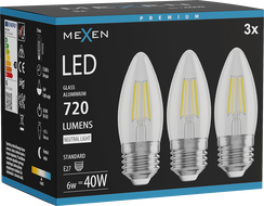 Mexen Vintis 3x LED filament žiarovka E27, C35, 6W, Neutrálna - 4000K, 720 lm, číra - L154-E27-0640-00x03