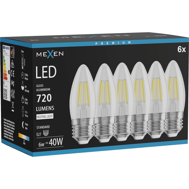 Mexen Vintis 6x LED vlákno žiarovka E27, C35, 6W, Neutrálna - 4000K, 720 lm, číra - L154-E27-0640-00x06