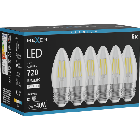 Mexen Vintis 6x LED vlákno žiarovka E27, C35, 6W, Neutrálna - 4000K, 720 lm, číra - L154-E27-0640-00x06