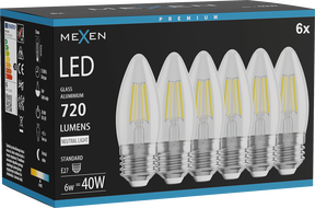 Mexen Vintis 6x LED vlákno žiarovka E27, C35, 6W, Neutrálna - 4000K, 720 lm, číra - L154-E27-0640-00x06