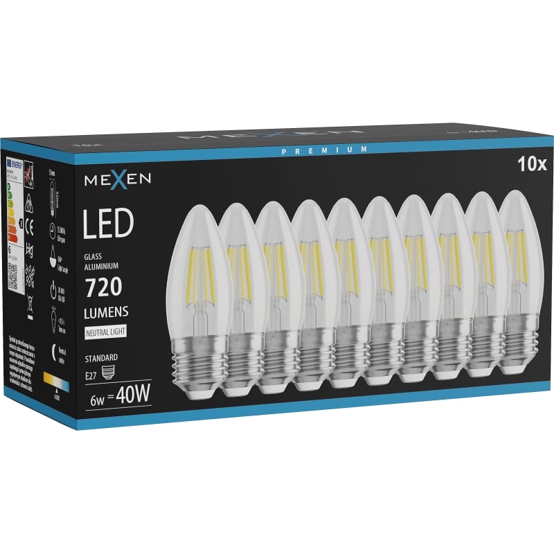 Mexen Vintis 10x žiarovka filament LED E27, C35, 6W, Neutrálna - 4000K, 720 lm, číra - L154-E27-0640-00x10